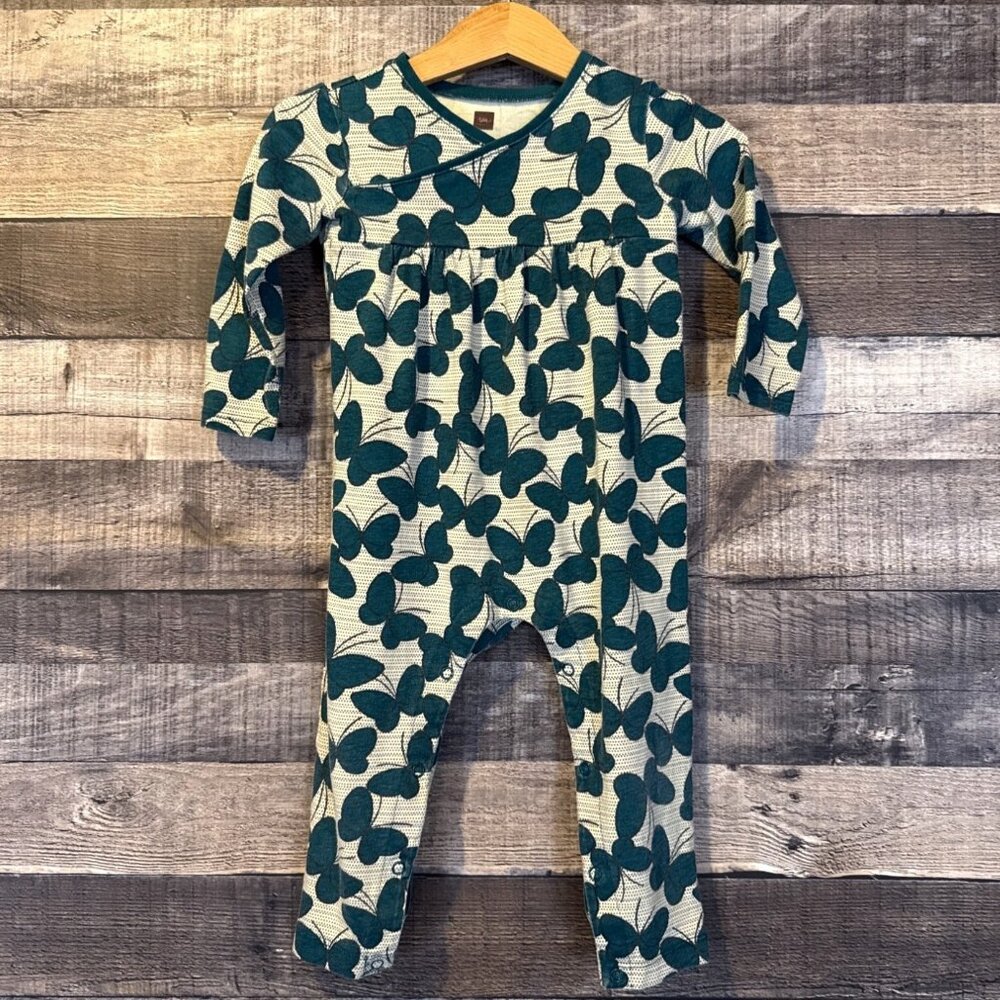 Tea Baby Girls Teal Butterfly Romper 12-18M Snap Closure Organic‎ Cotton